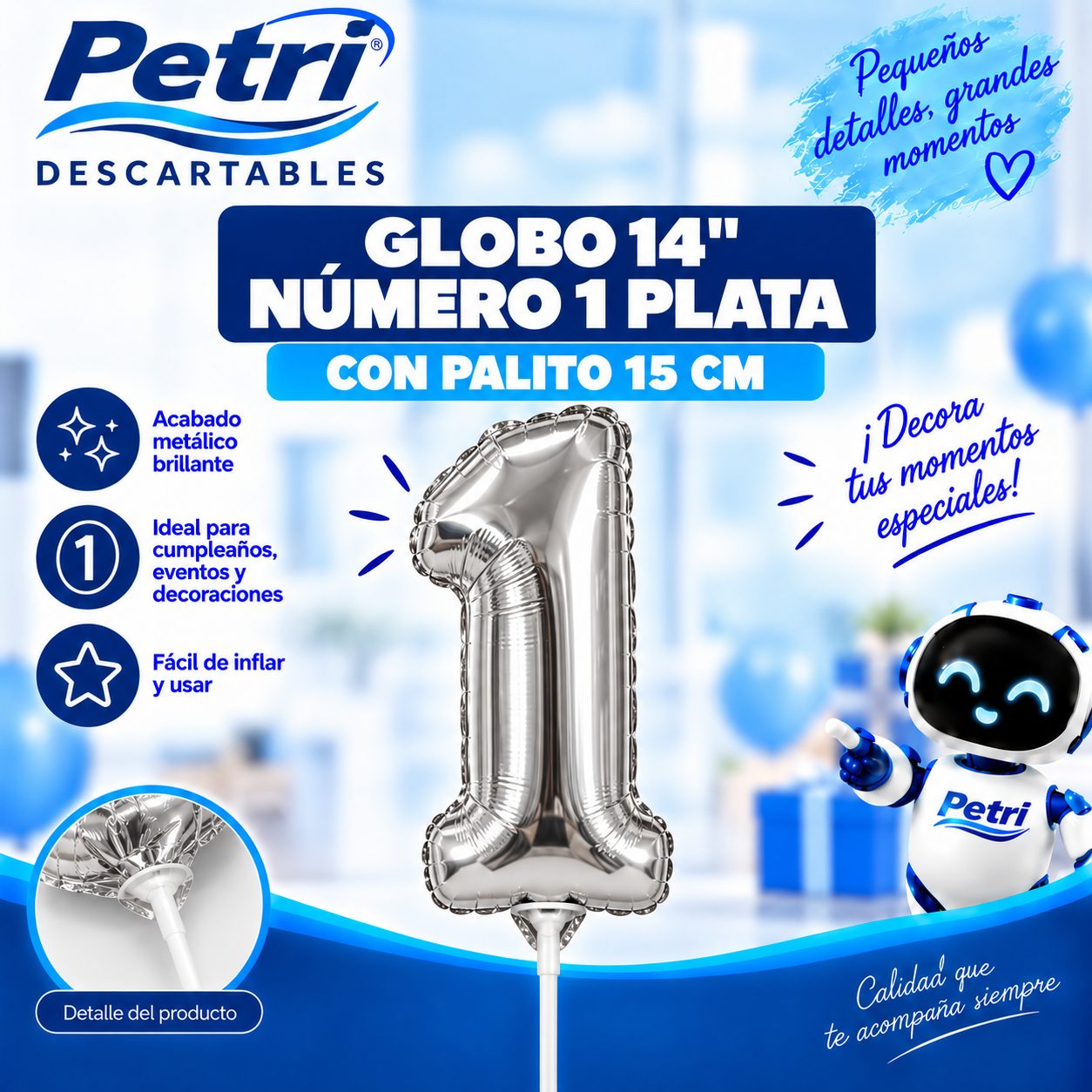 GLOBO 14" NUMERO 1 PLATA CON PALITO 15 CM