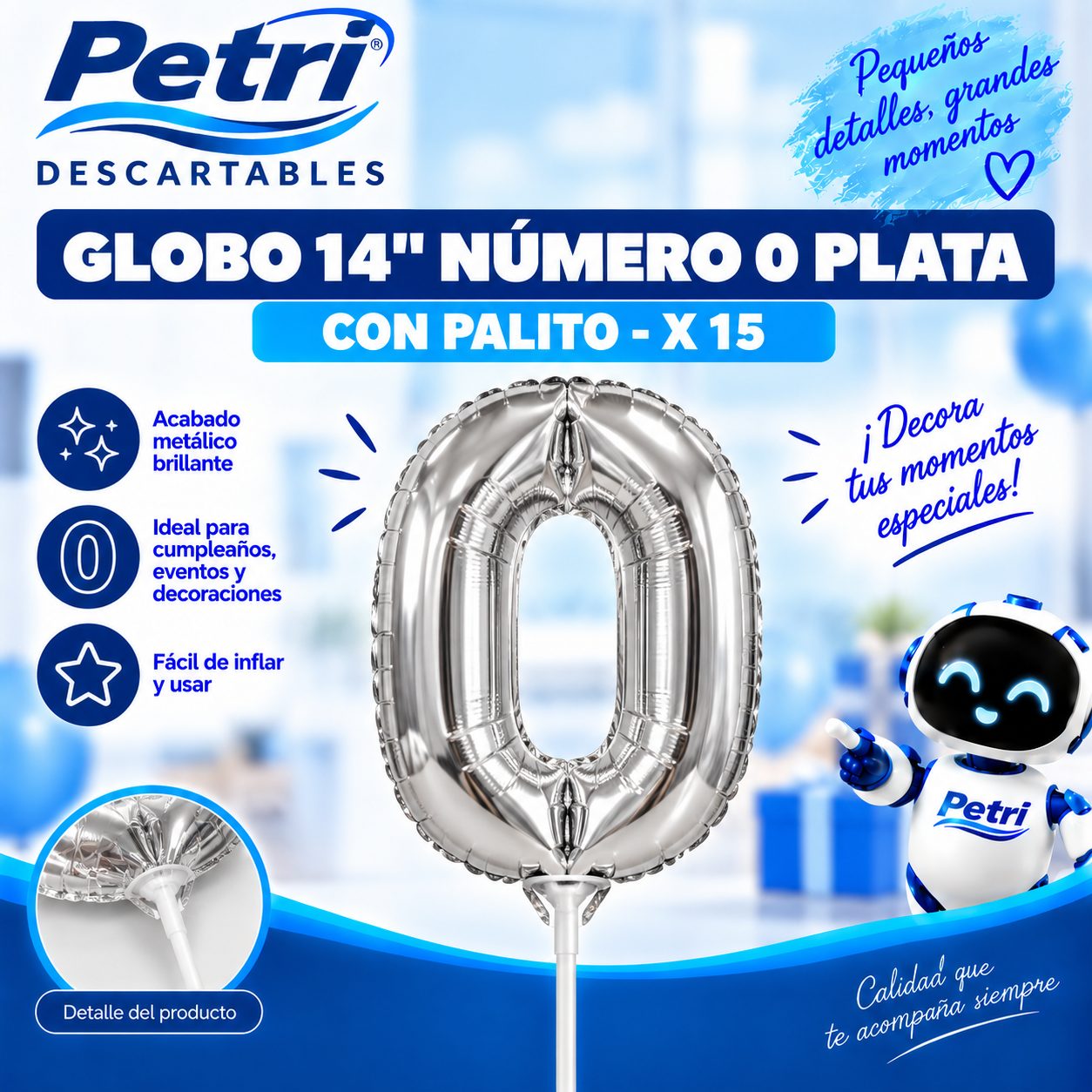 GLOBO 14" NUMERO 0 PLATA CON PALITO 15 CM