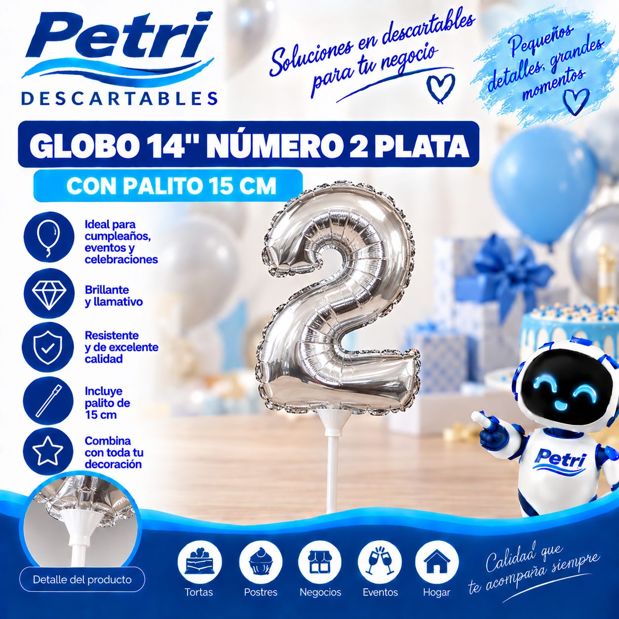 GLOBO 14" NUMERO 2 PLATA CON PALITO 15 CM
