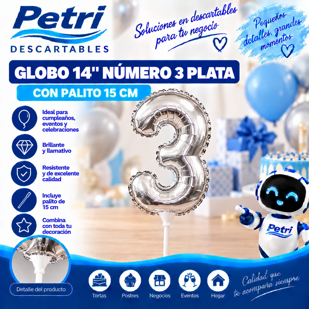GLOBO 14" NUMERO 3 PLATA CON PALITO 15 CM