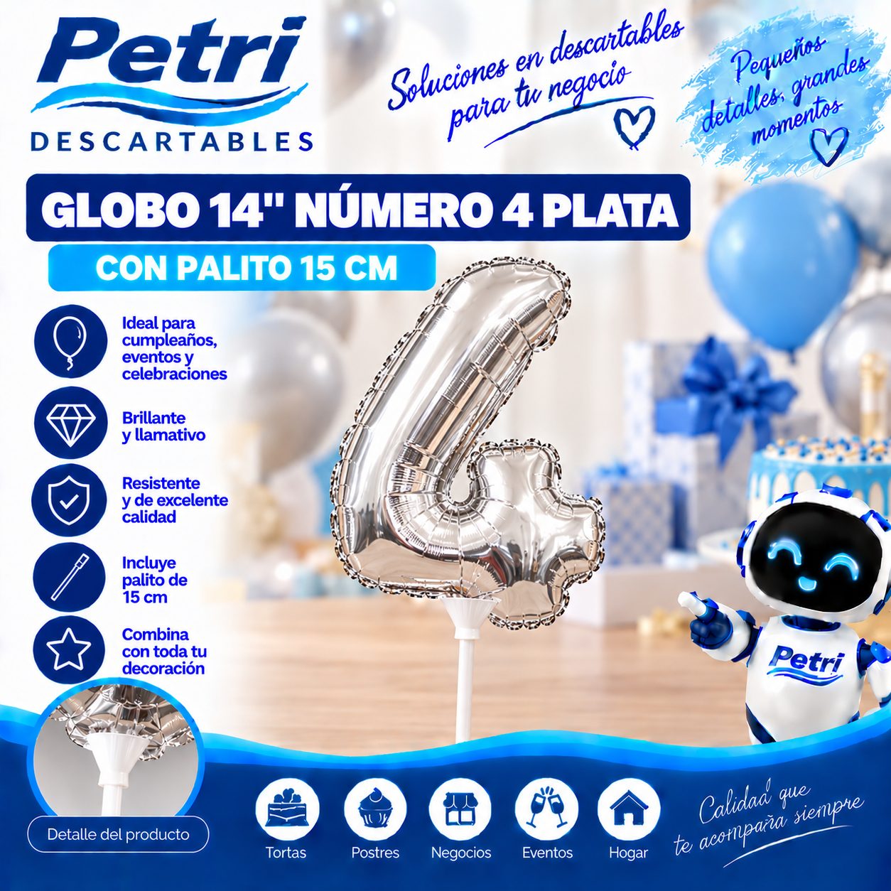 GLOBO 14" NUMERO 4 PLATA CON PALITO 15 CM