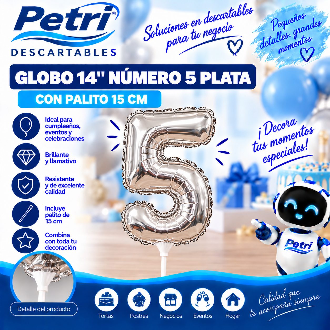 GLOBO 14" NUMERO 5 PLATA CON PALITO 15 CM