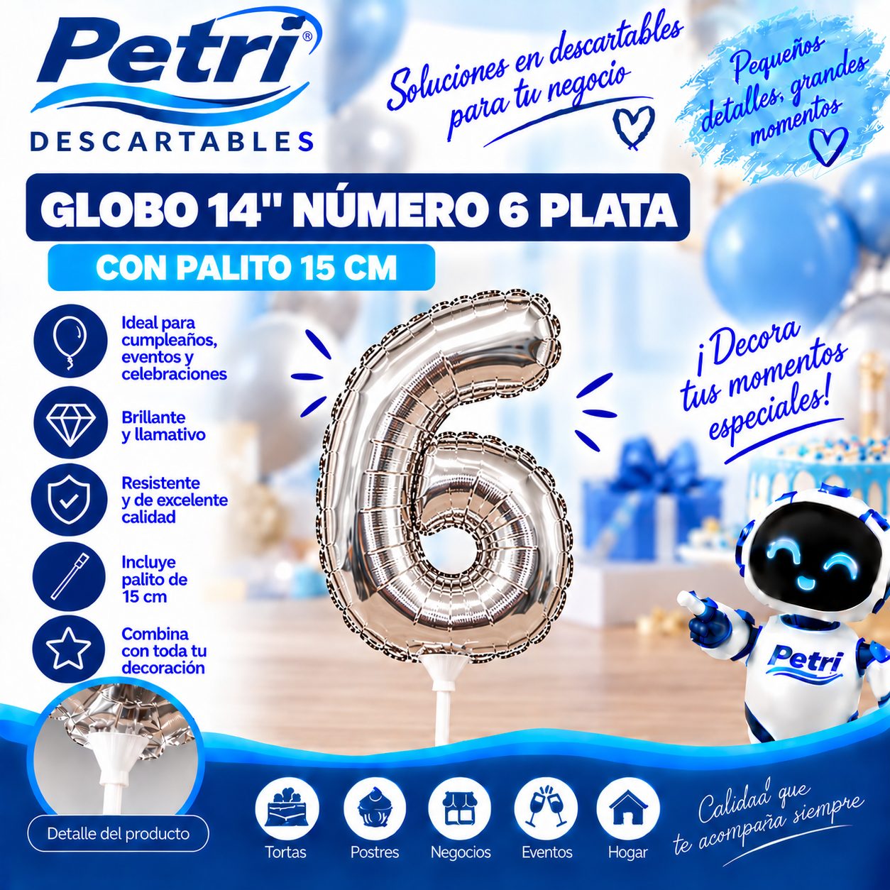GLOBO 14" NUMERO 6 PLATA CON PALITO 15 CM