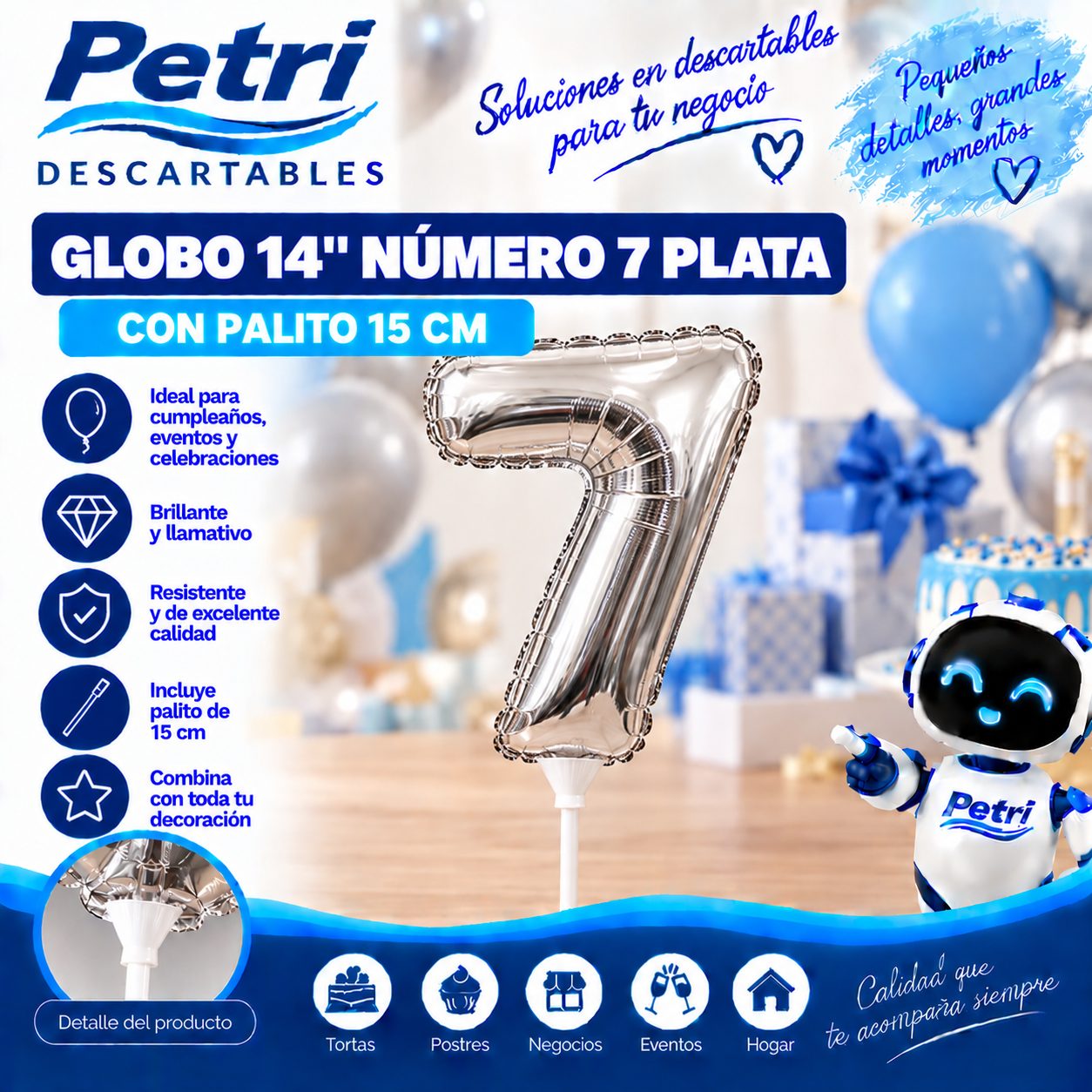 GLOBO 14" NUMERO 7 PLATA CON PALITO 15 CM