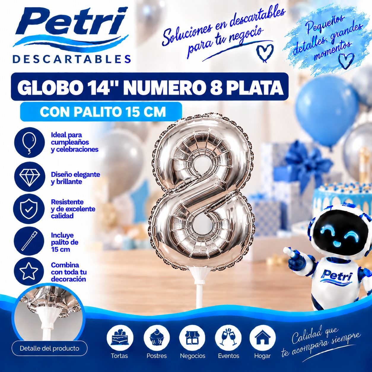 GLOBO 14" NUMERO 8 PLATA CON PALITO 15 CM