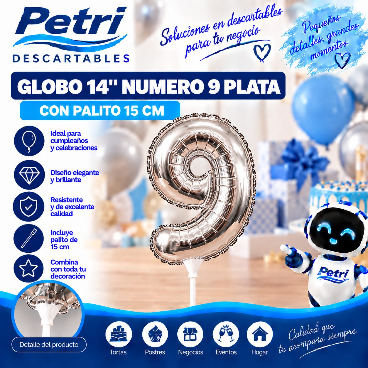 GLOBO 14" NUMERO 9 PLATA CON PALITO 15 CM