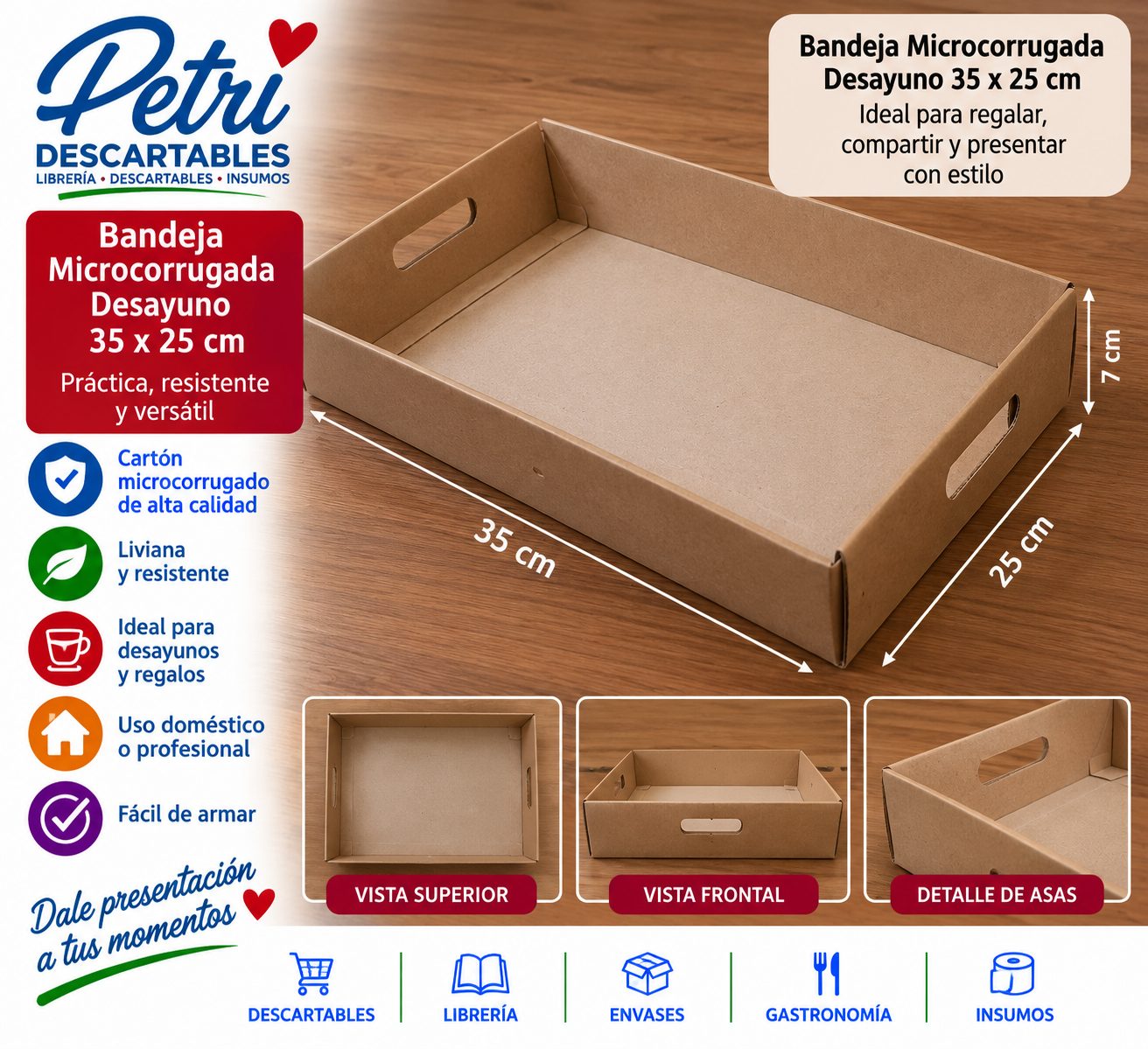 BANDEJA MICROCORRUGADA DESAYUNO 35X25X6