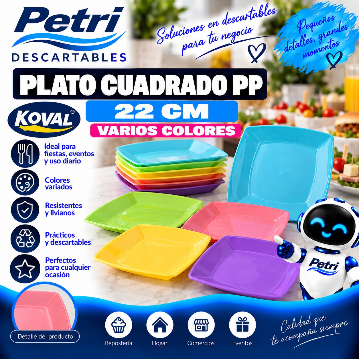 PLATO CUADRADO PP 22 CM VARIOS COLORES