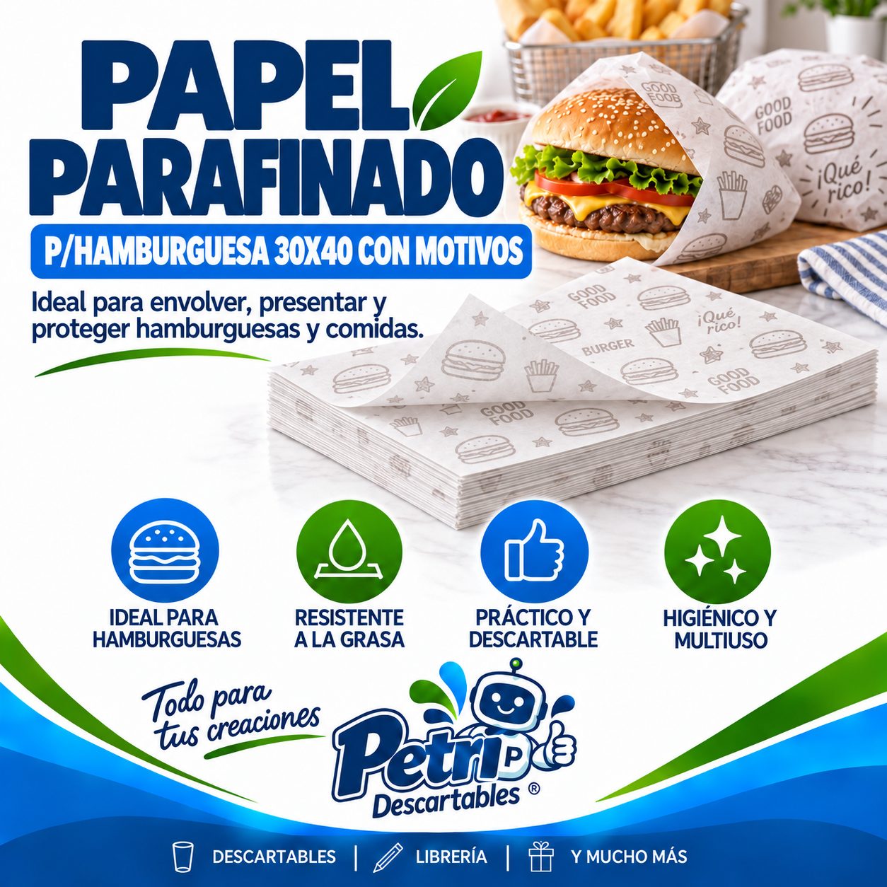 PAPEL PARAFINADO P/HAMBURGUESA 30X40 CON MOTIVOS