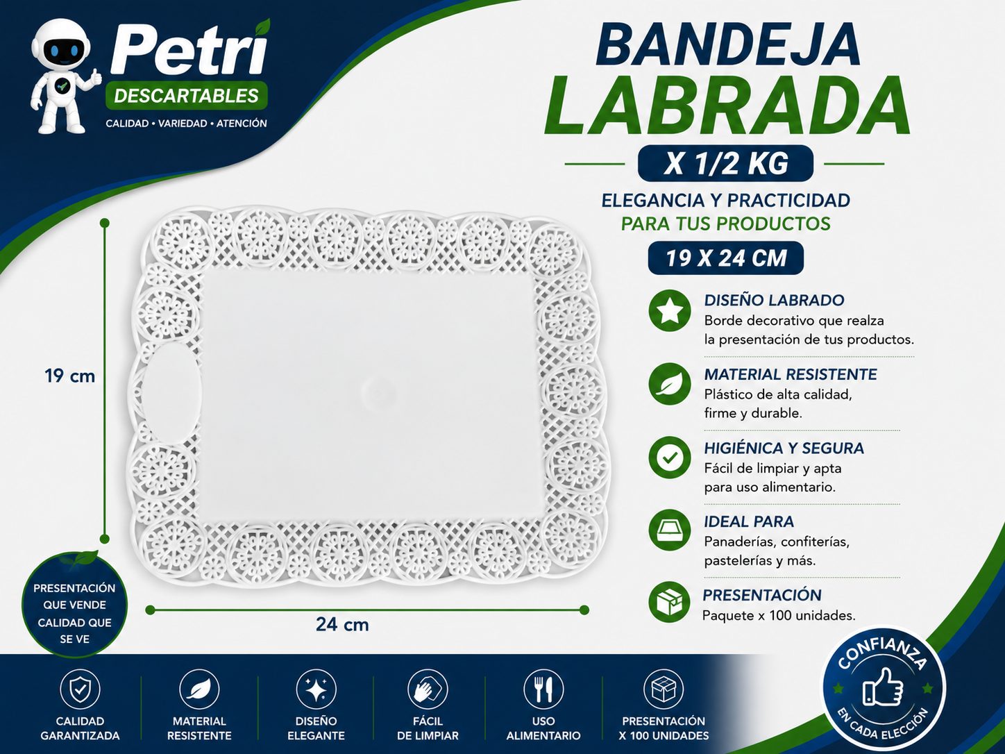 BANDEJA LABRADA X 1/2 KG (19X24 CM)