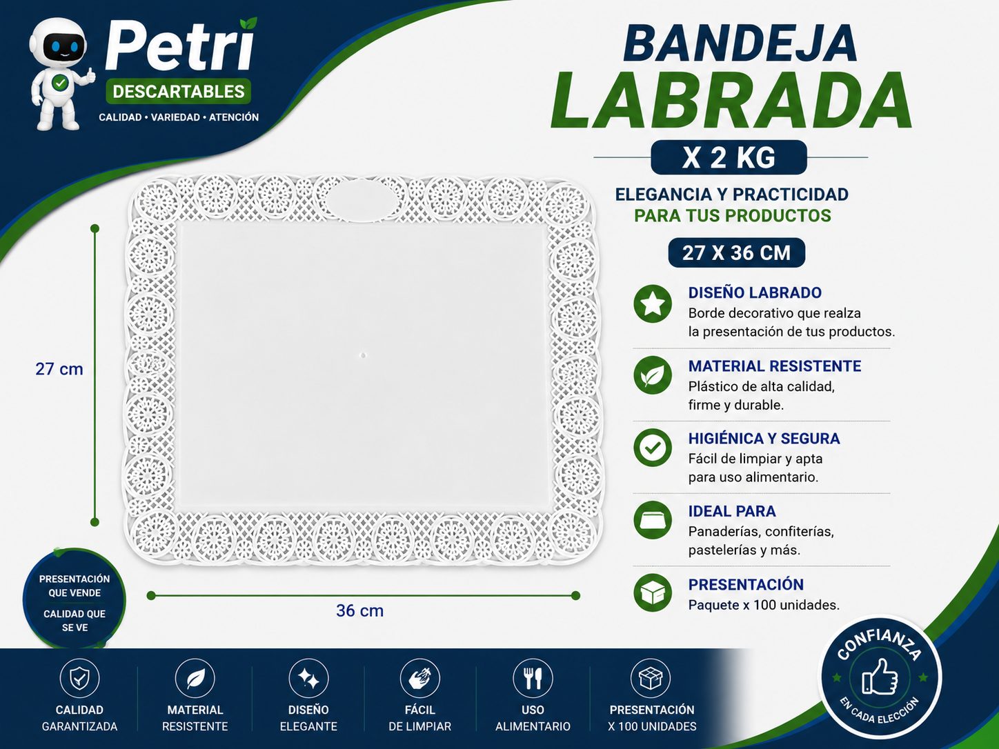 BANDEJA LABRADA X 2 KG (27X36 CM)