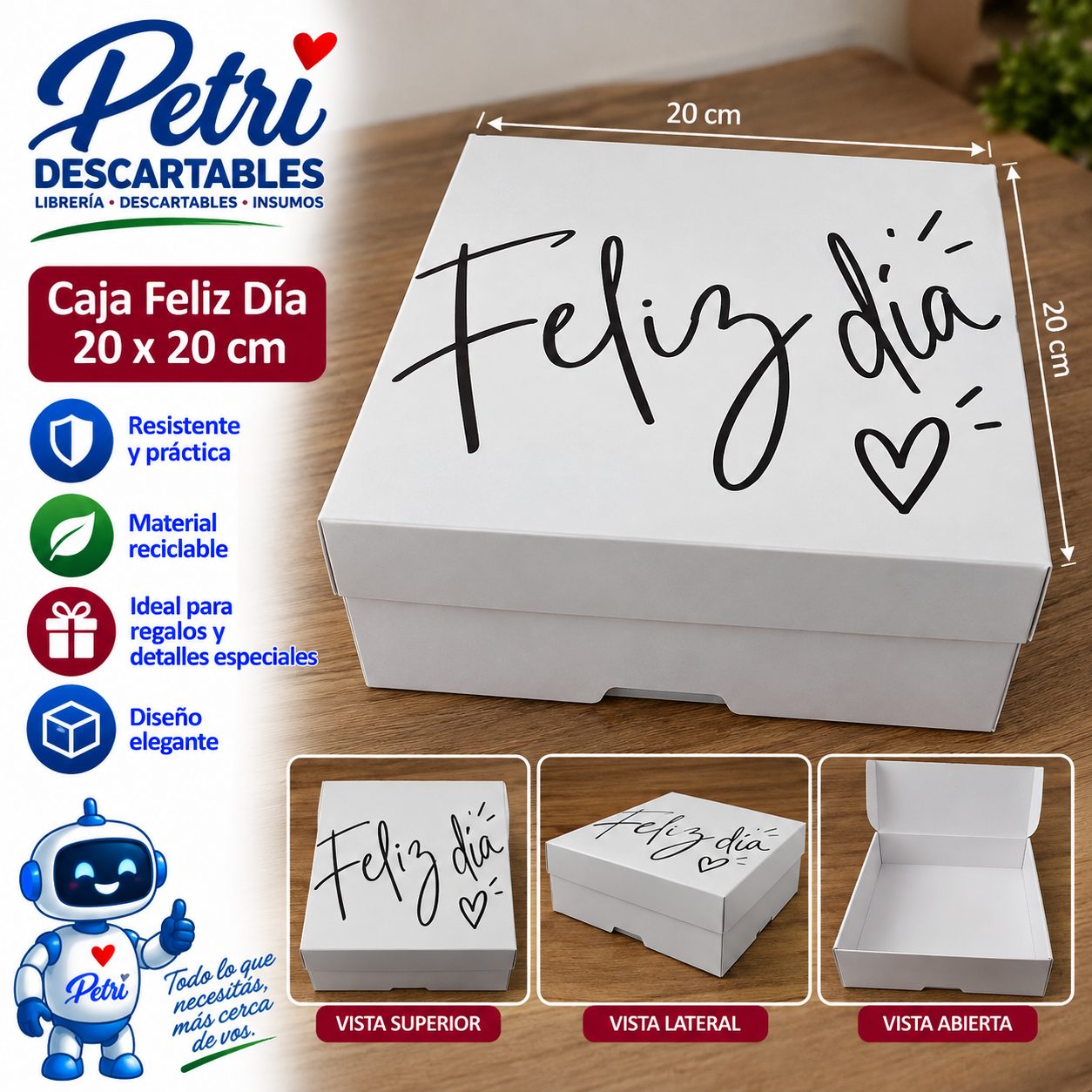 CAJA FELIZ DIA BLANCA CON FRASE NEGRA 20X20X9