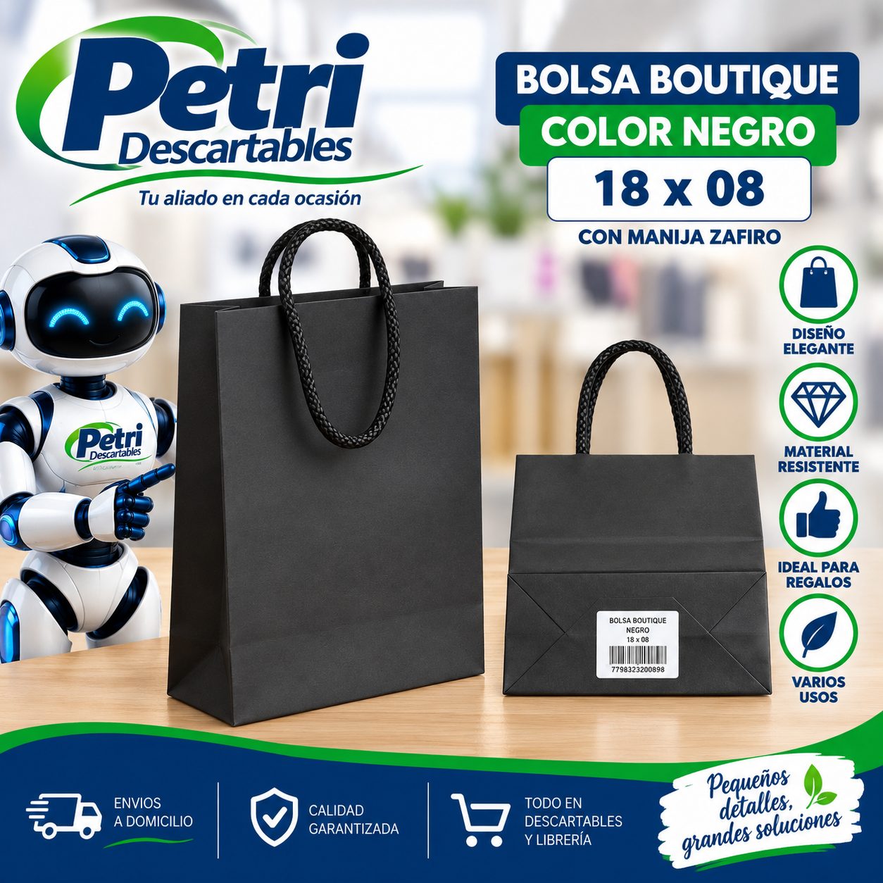 BOLSA BOUTIQUE COLOR NEGRO C/MANIJA ZAFIRO 18X08X20 CM