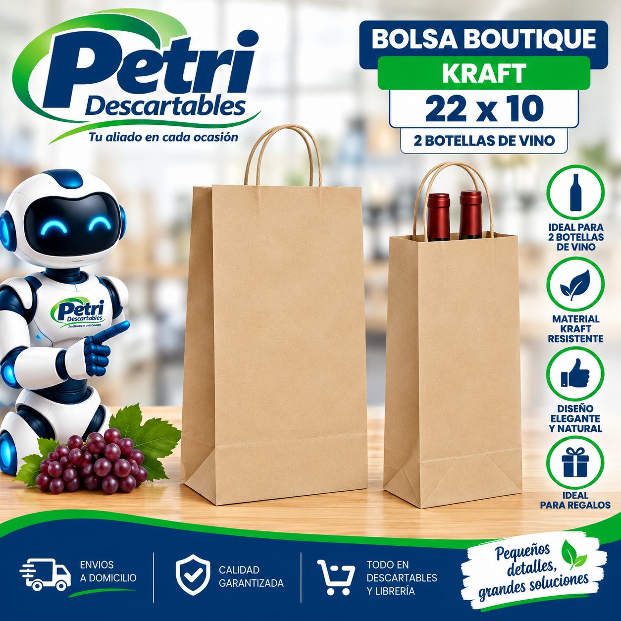 BOLSA BOUTIQUE KRAFT 22X10X42 CM (2 BOTELLAS DE VINO)
