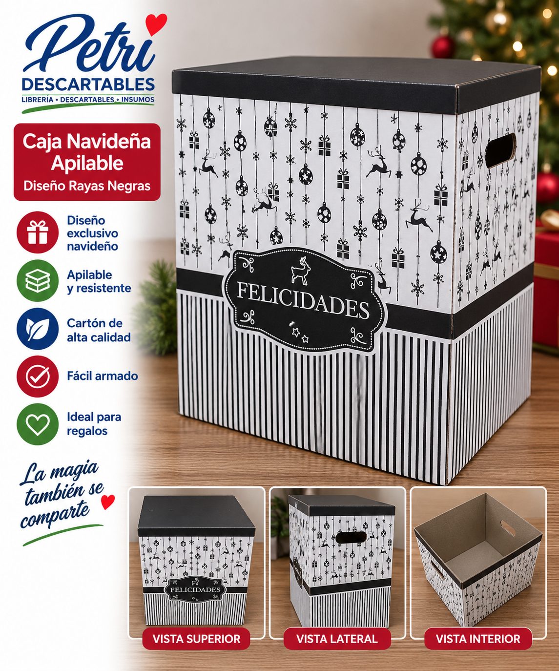 CAJA NAVIDEÑA APILABLE RAYAS NEGRAS (30X17X34)