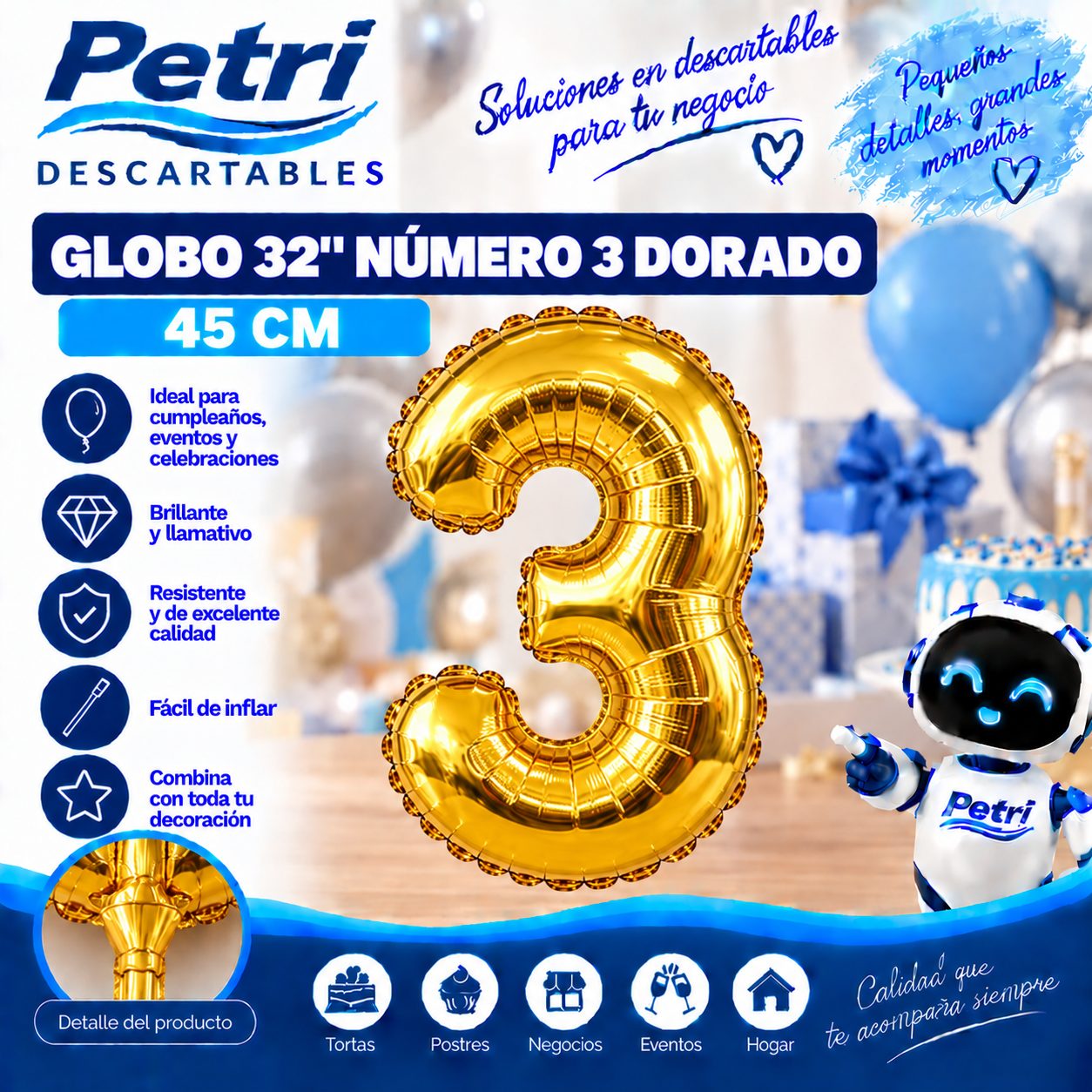 GLOBO 32" NUMERO 3 DORADO 45 CM