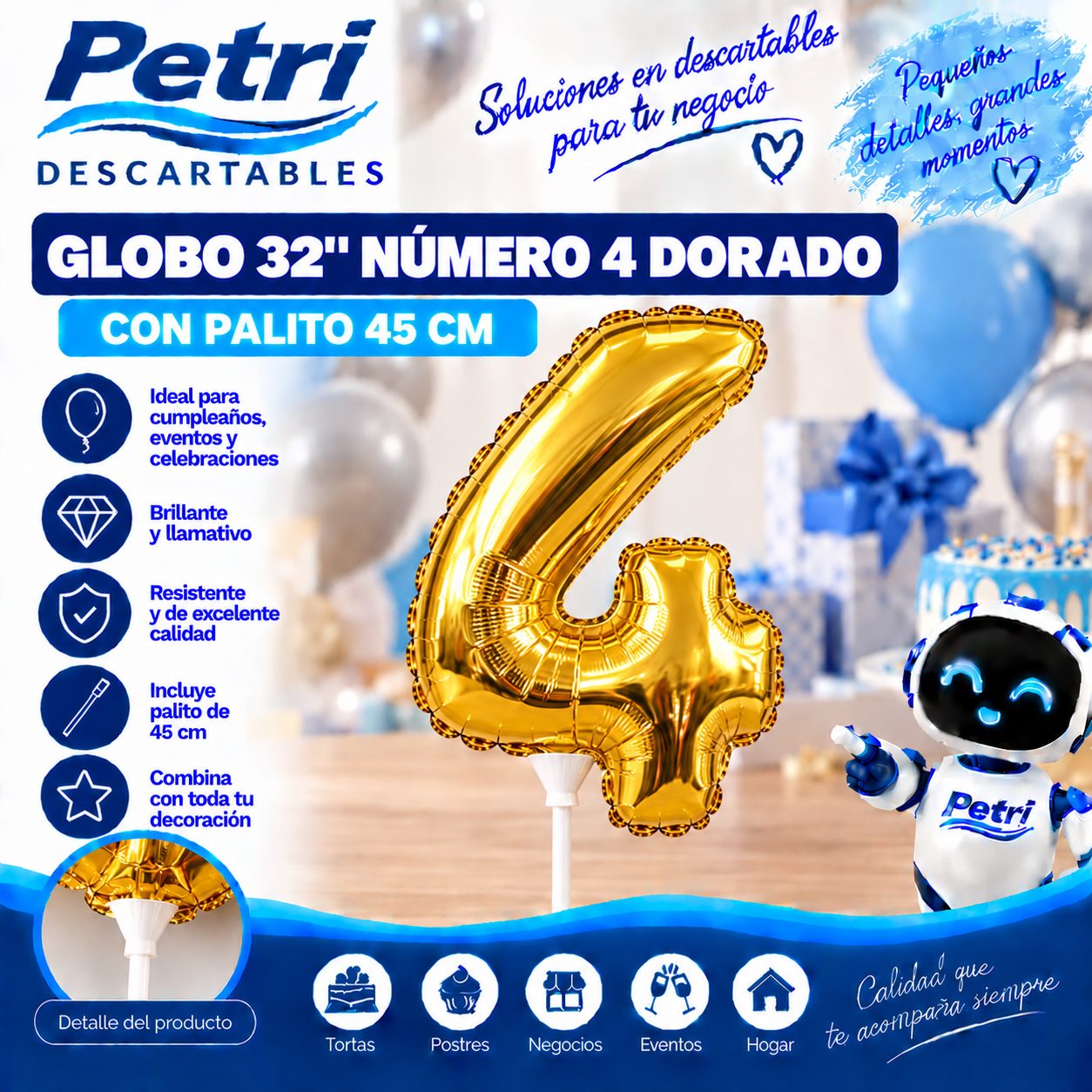 GLOBO 32" NUMERO 4 DORADO CON PALITO 45 CM