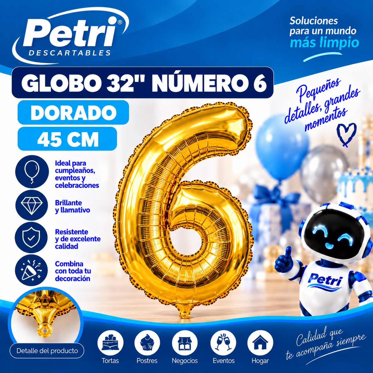 GLOBO 32" NUMERO 6 DORADO 45 CM