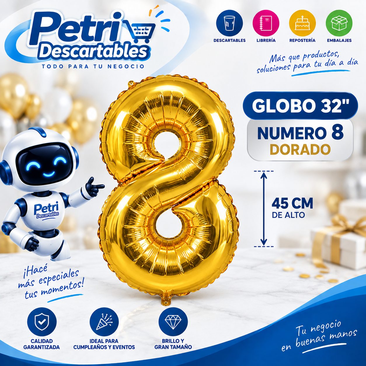 GLOBO 32" NUMERO 8 DORADO 45 CM