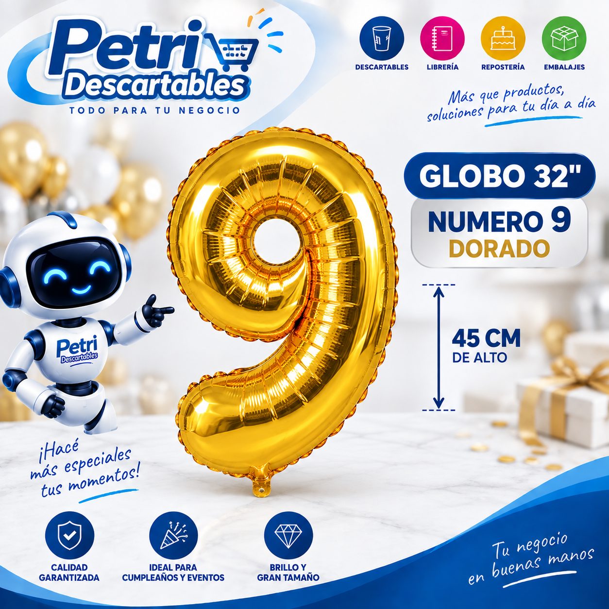 GLOBO 32" NUMERO 9 DORADO 45 CM